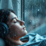 A woman peacefully sleeping with headphones on, as the soothing sound of rain adds to the calm atmosphere.