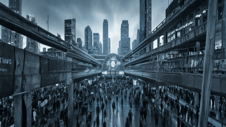 A bustling city with a large crowd walking under the glow of tall skyscrapers and a clock at a busy station during the morning rush hour.