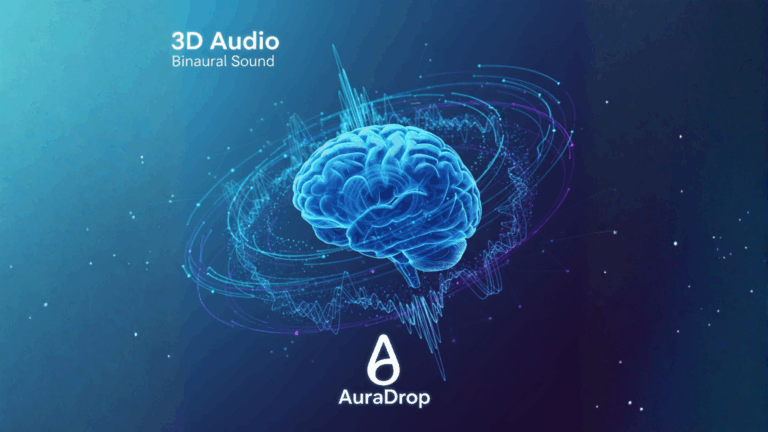 An illustration of 3D audio binaural sound waves surrounding a glowing brain, with the AuraDrop logo at the bottom center.