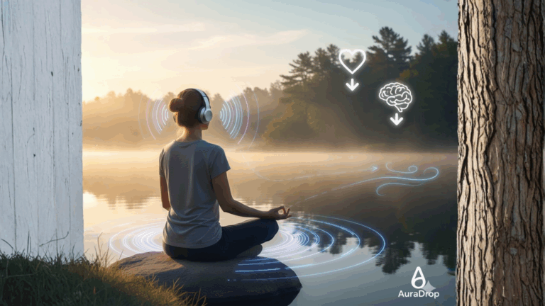 A person meditating by a peaceful lake with headphones on, surrounded by AuraDrop’s binaural sound waves, with visual symbols representing heart and brain activity, indicating stress relief and relaxation.