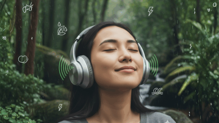 An artistic representation of a head with binaural sound waves entering through headphones, showing immersive audio perception with spatial awareness.