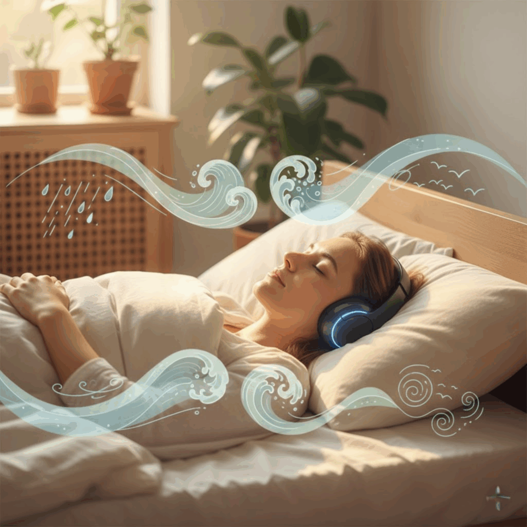 (Calm, atmospheric image of a person lying peacefully in bed with soft lighting and visible headphones, surrounded by illustrated sound waves depicting rain, ocean waves, and birdsongs.)