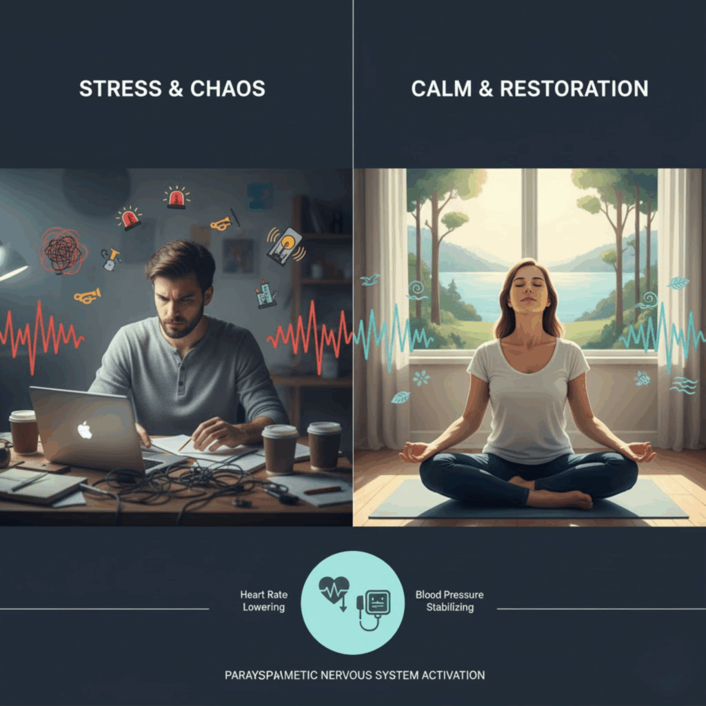 (Split-screen or collage showing stressed individual surrounded by clutter/artificial noises (left), and a relaxed person meditating or resting with forest, ocean, and birdsong visuals (right))