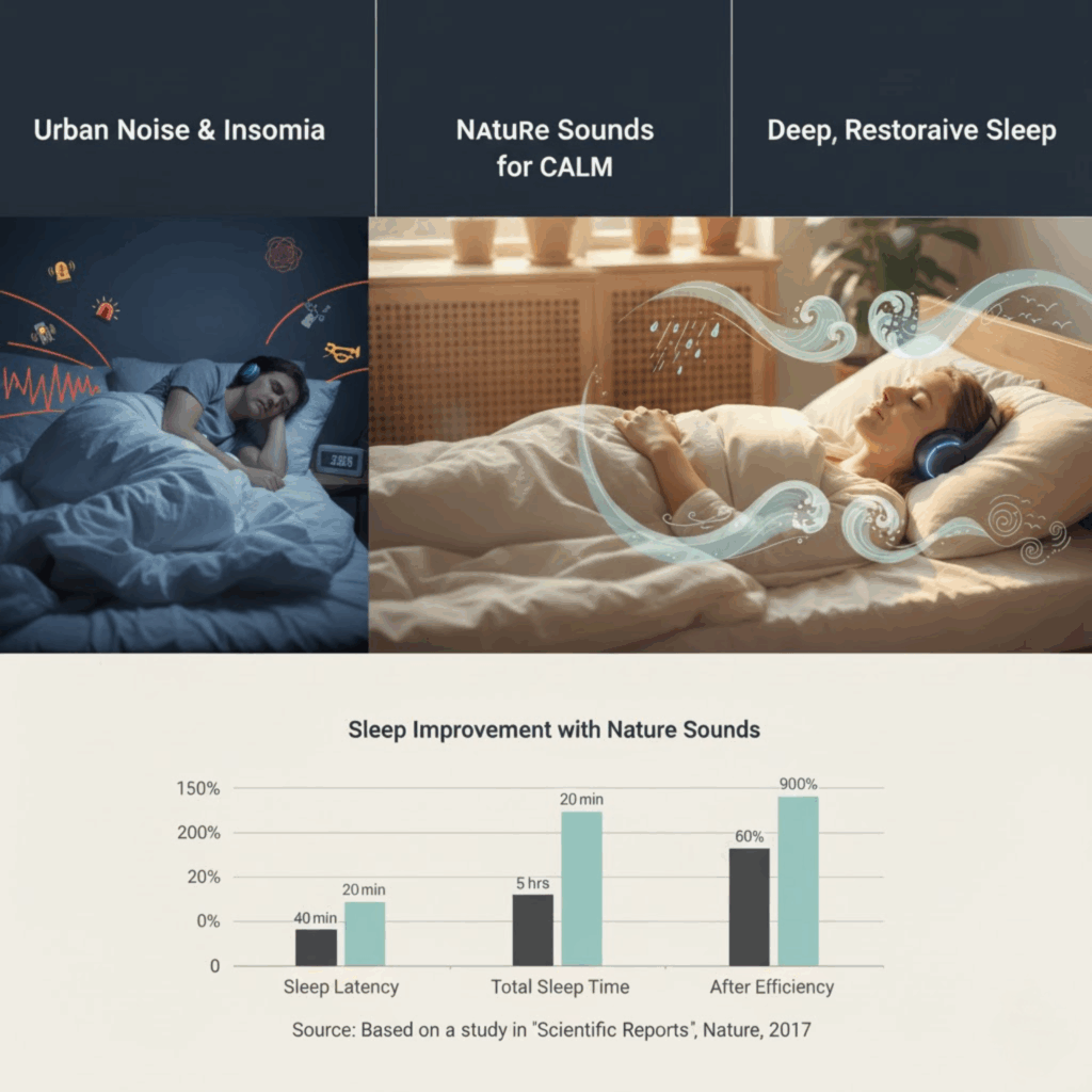(Sequence showing a person struggling with insomnia (tossing/turning, urban noise), transitioning to peaceful sleep as natural sounds mask disruptions.)