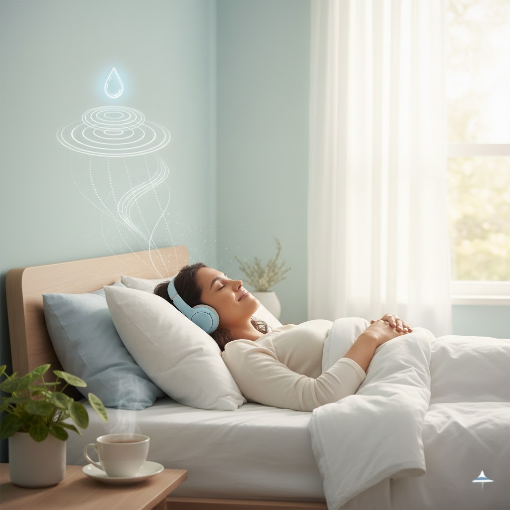 A peaceful bedroom scene featuring a young woman with medium skin tone and dark hair, lying comfortably in bed with her eyes closed and wearing light blue headphones. The room is softly lit by natural light streaming in through a window. The woman is under a cozy white blanket with pillows arranged around her. Above her head, a raindrop icon is illustrated, with gentle sound waves emanating from it, symbolizing the calming effect of rain sounds. On the bedside table, a cup of tea sits beside a small plant, adding to the serene atmosphere. The image evokes tranquility, relaxation, and the restorative power of nature sounds for better sleep.