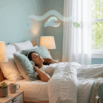 A peaceful bedroom scene featuring a young woman with medium skin tone and dark hair, lying on a bed with headphones on, resting comfortably. She appears serene, with her eyes closed, under soft lighting from two bedside lamps. The room features light blue walls, and a large window lets in natural light. Above her, illustrated sound waves represent rain sounds, ocean waves, and a bird chirping, symbolizing nature sounds. These sound waves are depicted as gentle symbols above her, enhancing the calming atmosphere. A potted plant and a cup on the nightstand add to the peaceful setting, reinforcing the tranquil mood.