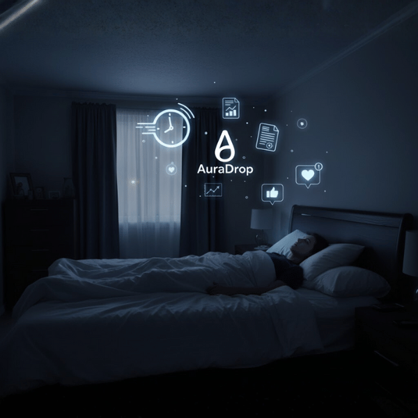 A peaceful bedroom with a person sleeping while AuraDrop’s app logo floats above, surrounded by icons of clocks, documents, and engagement metrics. This represents how AuraDrop uses calming sounds to help reduce stress and improve sleep quality.