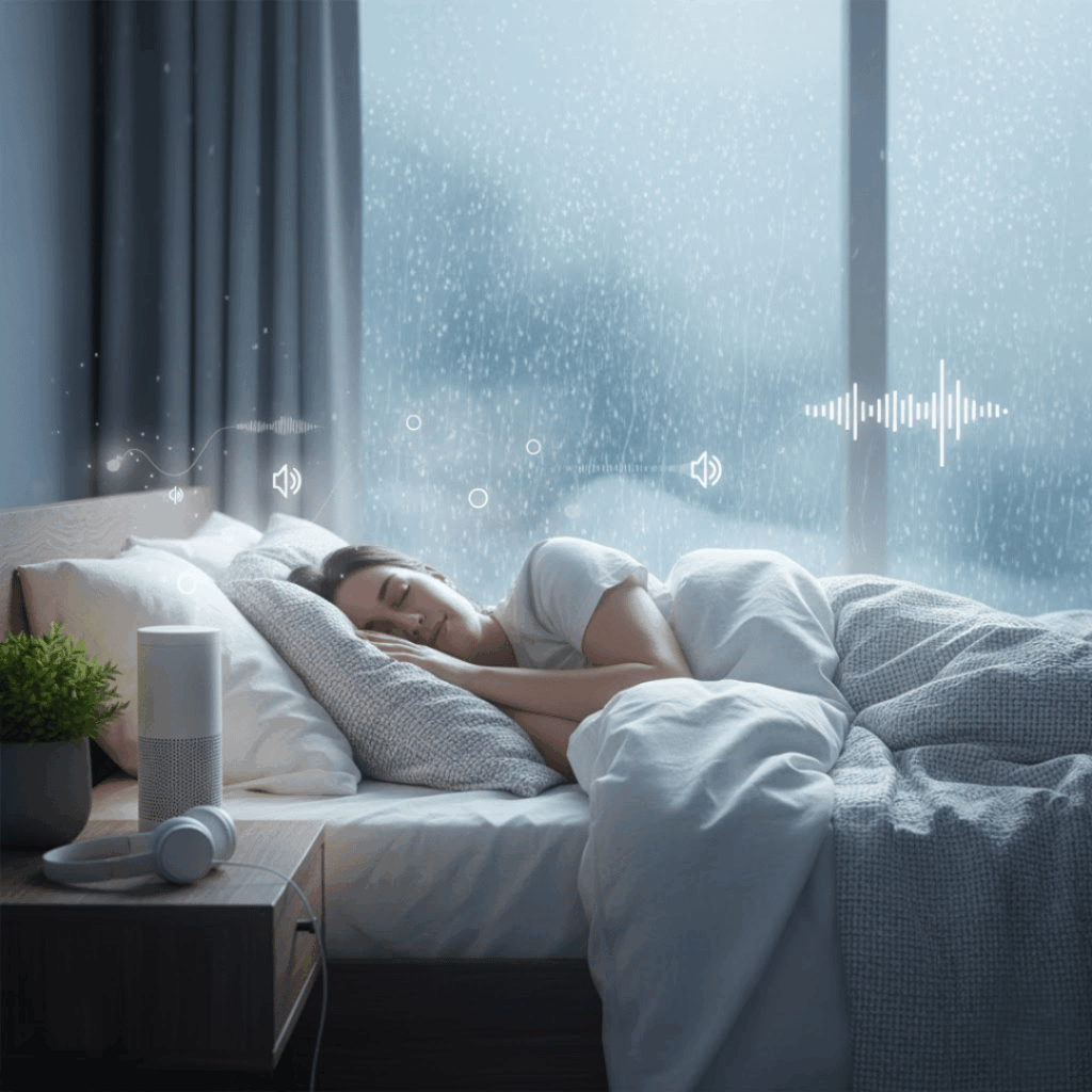 A peaceful bedroom scene with a person sleeping soundly, while rain softly falls outside the window. The sound of rain is enhanced by a smart speaker, emitting calming sound waves, symbolizing how AuraDrop uses high-fidelity binaural recordings of rain sounds to improve sleep quality and promote relaxation. The image highlights the soothing effects of sound masking and pink noise, which help raise the auditory threshold and block out disruptive noises, leading to a deep, restorative sleep.