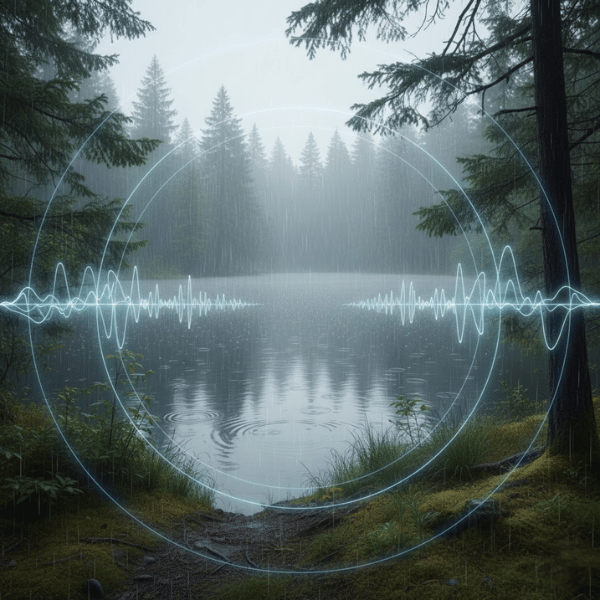 A serene forest setting with the soundwave of pink noise overlaying a lake, symbolizing how nature sounds like rain mimic pink noise and promote restful sleep and relaxation.