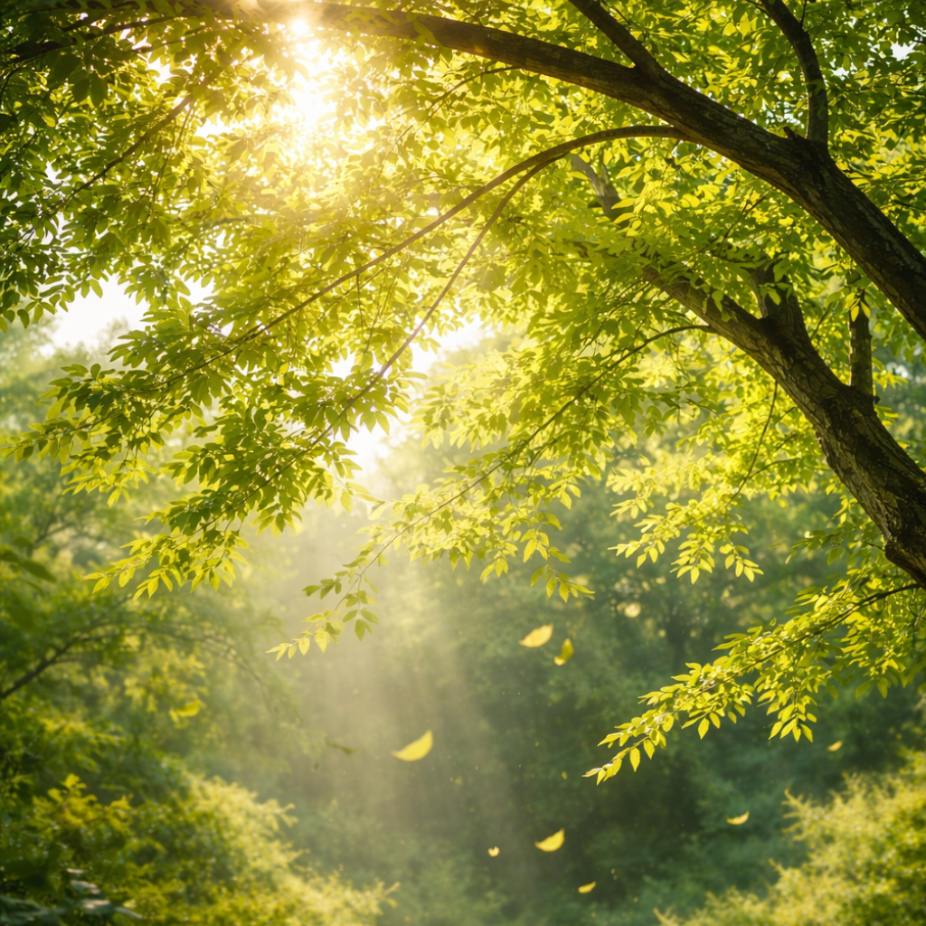 The soft sunlight filtering through trees, accompanied by nature sounds, creates a serene atmosphere, perfect for relaxation and peaceful rest.