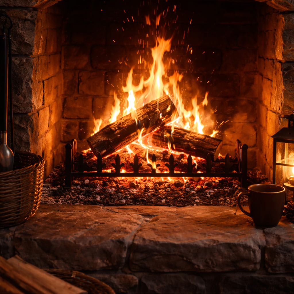 The warm glow of a crackling fire, paired with nature sounds and rain sound for sleeping, creates a cozy, relaxing atmosphere perfect for unwinding and restful sleep.
