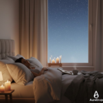 A person peacefully sleeping in a bedroom, surrounded by a soothing ambiance with rain sound for sleeping. The AuraDrop logo suggests the immersive binaural rain sounds helping the brain transition to a restful state for deep sleep.