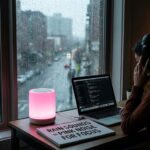 A person works at a desk, surrounded by rain, focused with headphones, and a calming pink light.