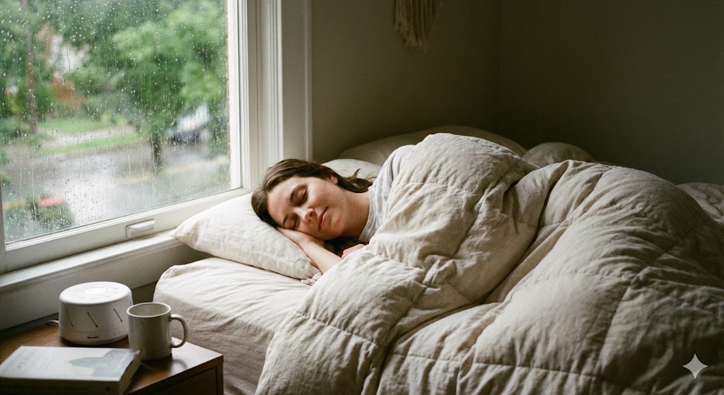 Peaceful morning bedroom scene as a woman rests by a rainy window, using sound of rainfall to sleep deeply calmly.