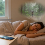 Woman sleeps peacefully as gentle rain imagery and sound of rainfall to sleep create calm, comfort, and deep rest inside.