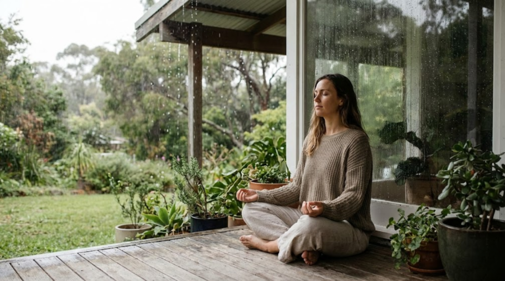 Woman meditates on a wooden porch as it rains outside.