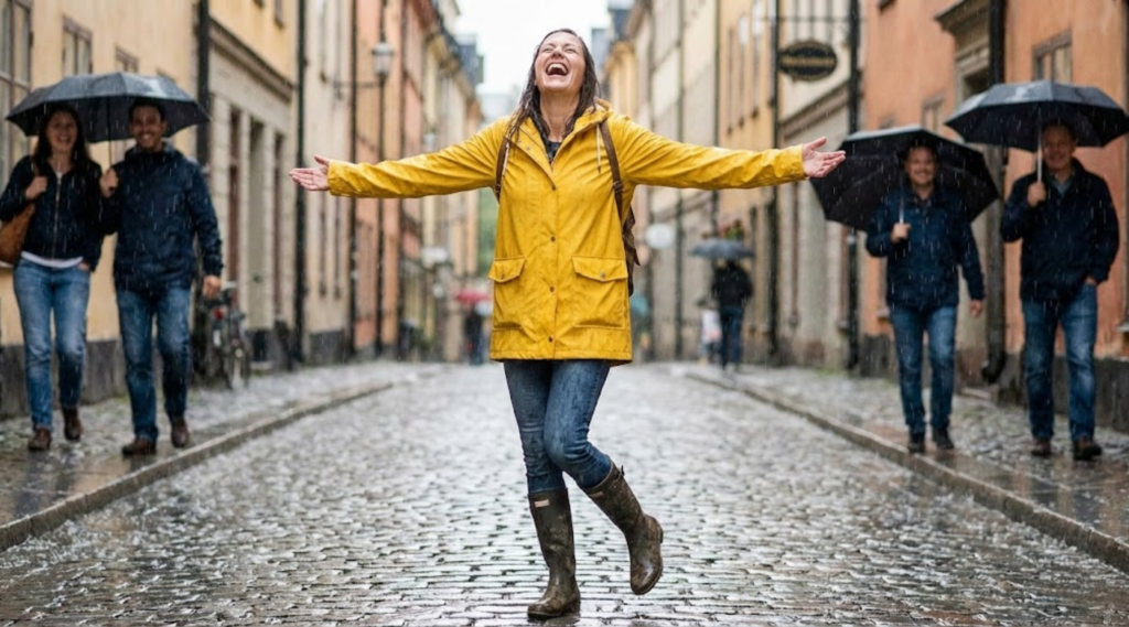 Woman in yellow raincoat laughs on rainy cobblestone street.