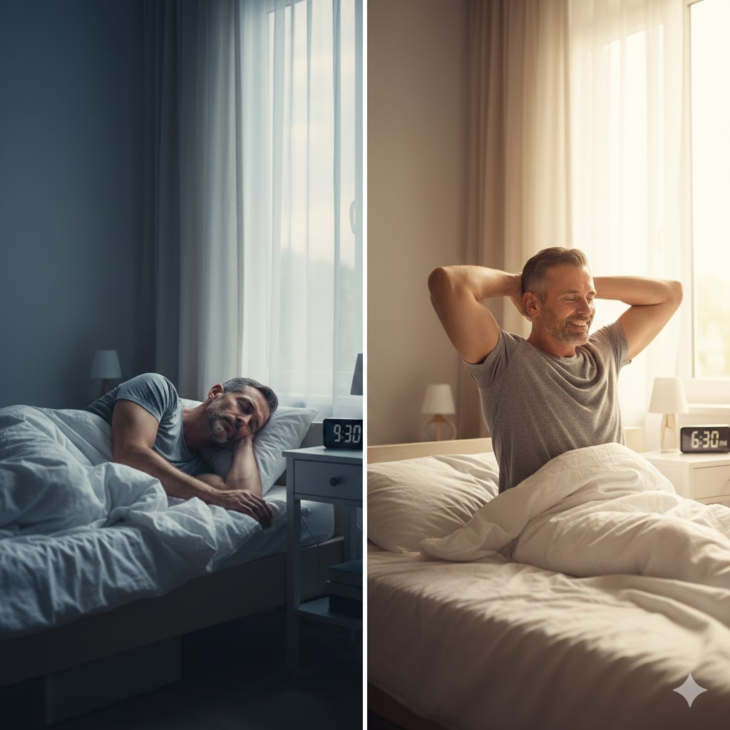 A man sleeps soundly at night, aided by rain sounds for sleeping, and wakes up feeling fully refreshed and energized.