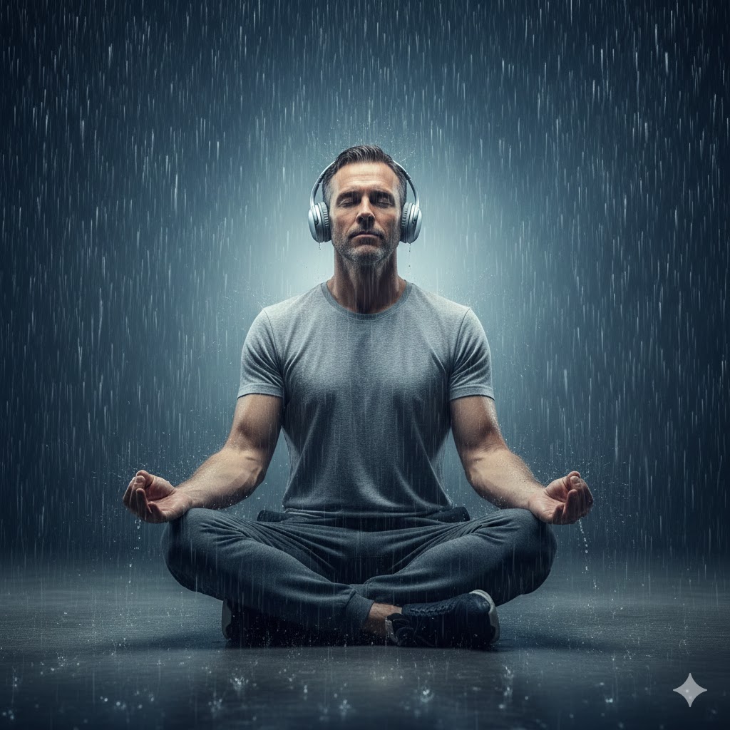 A calm man meditates peacefully, listening to rain sounds for sleeping, as the soothing rain helps him achieve deep relaxation and focus.