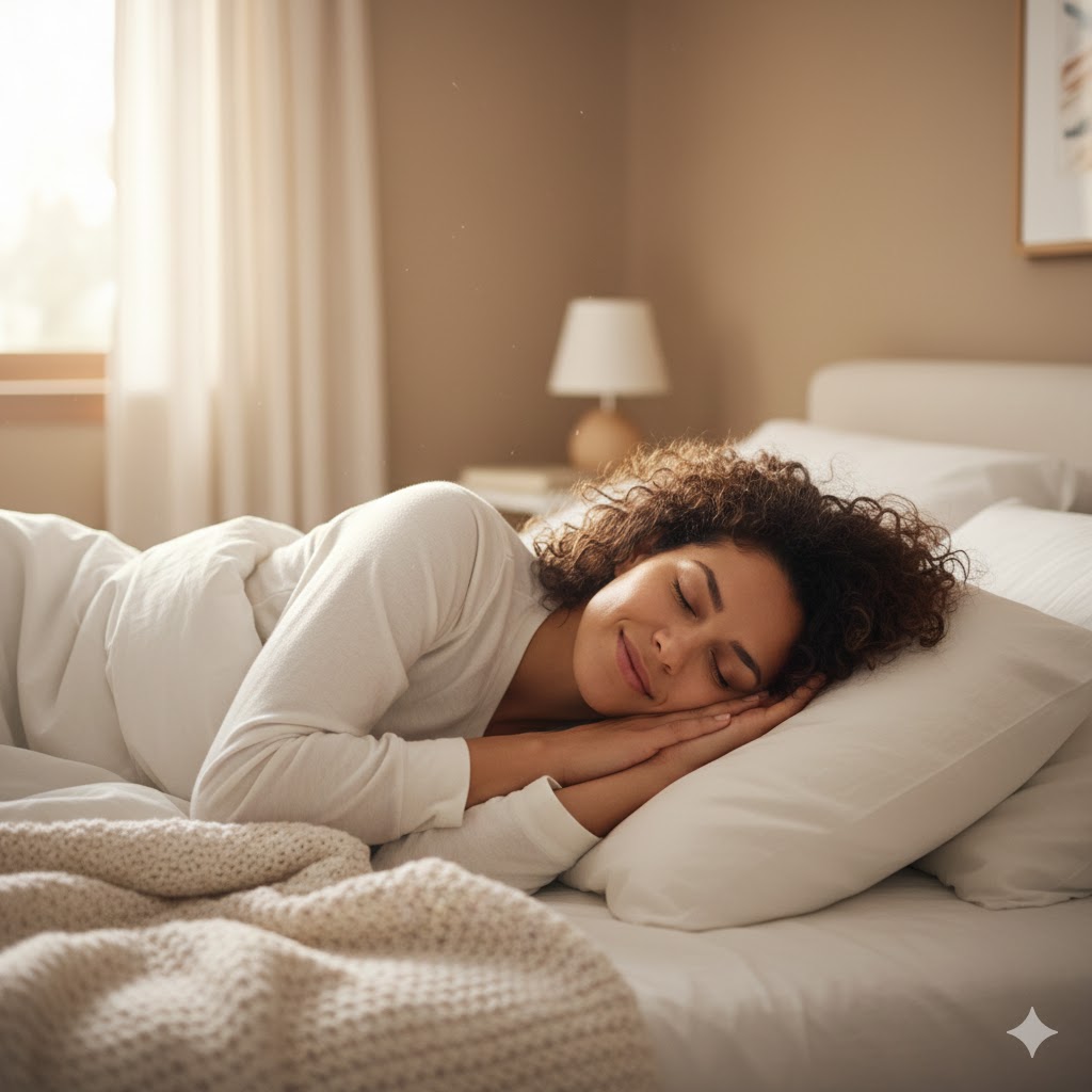 A woman sleeps peacefully in a soft, sunlit bedroom, surrounded by the calming rain sounds for sleeping, ensuring a restful and rejuvenating sleep.
