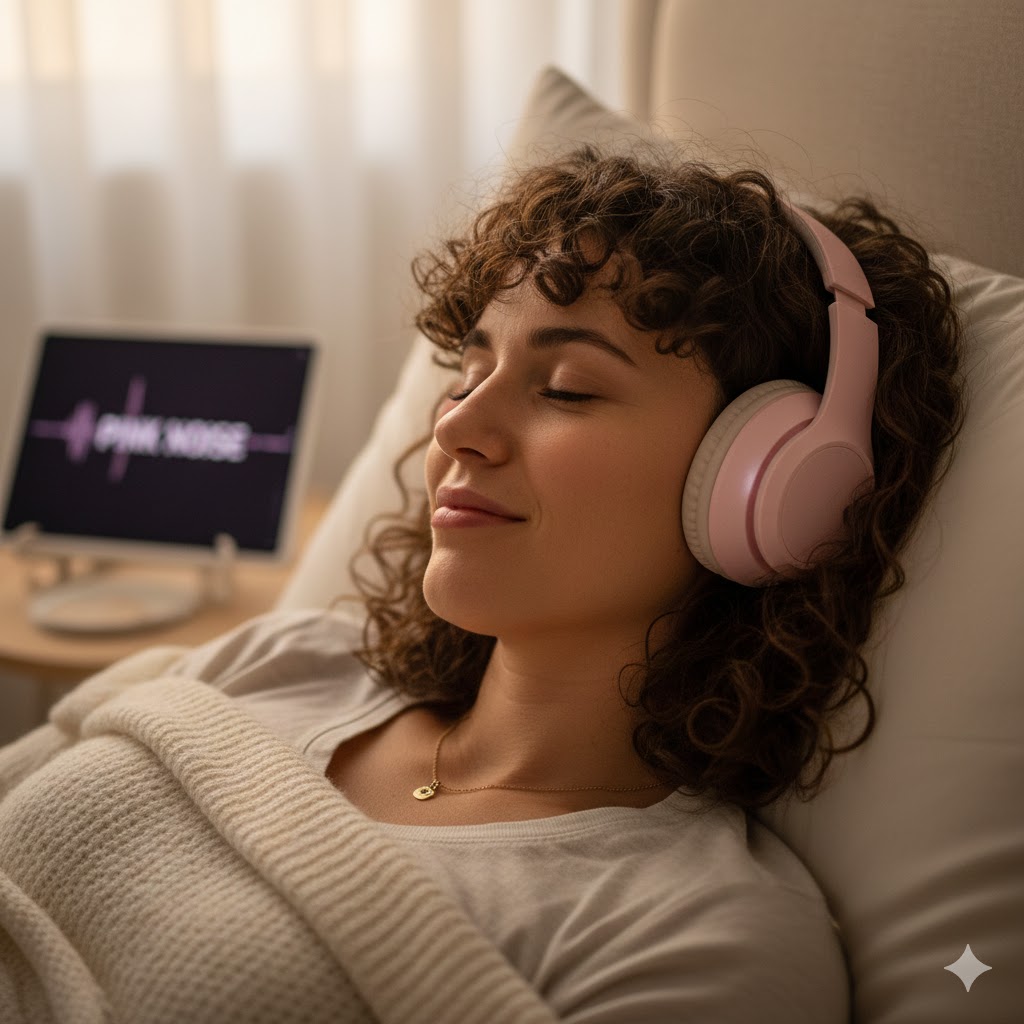 A woman sleeps peacefully, wearing headphones and listening to rain sounds for sleeping, as the calming pink noise helps her drift into deep, restorative sleep.