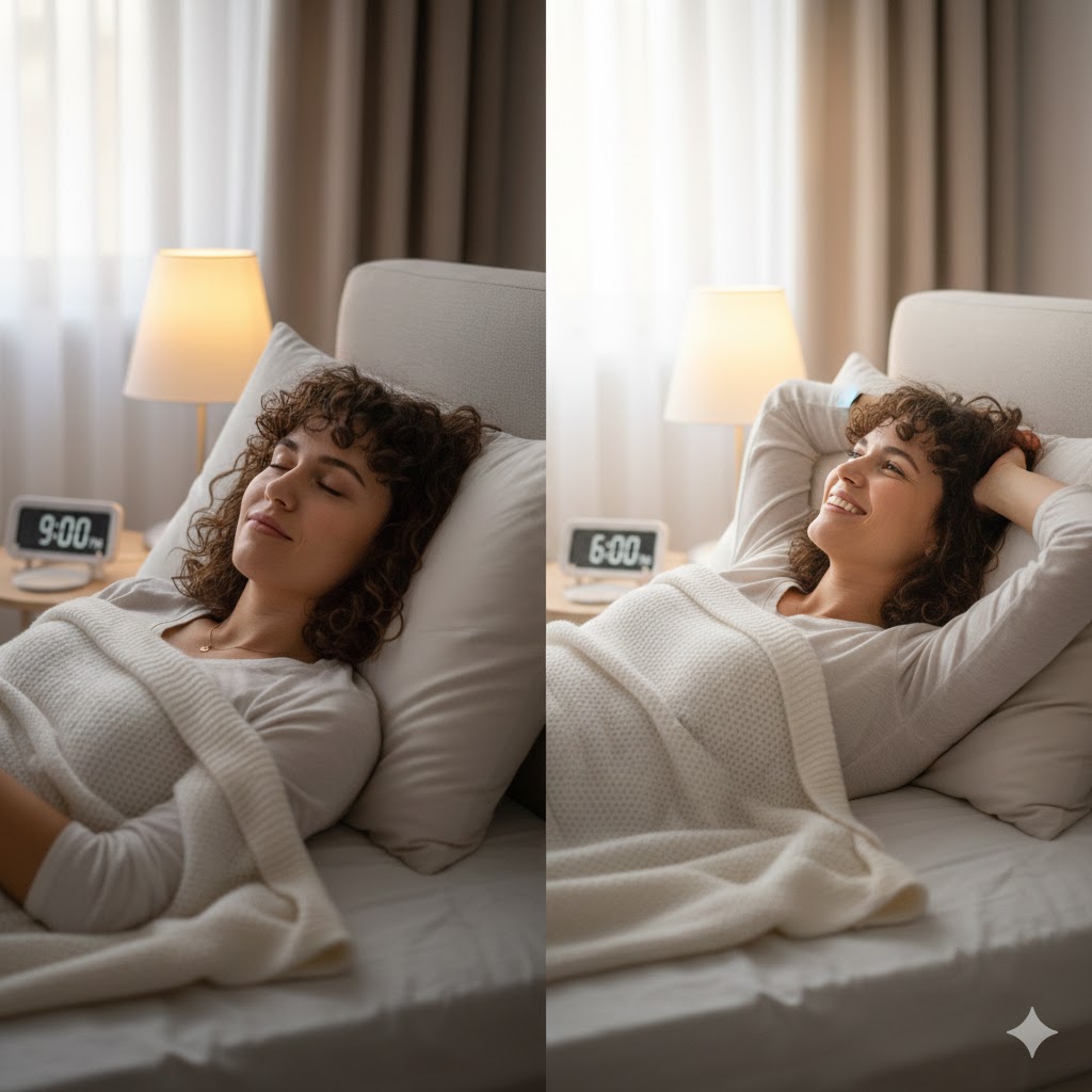 A woman falls into a deep, peaceful sleep at 9 PM, listening to rain sounds for sleeping, and wakes up feeling completely refreshed and rejuvenated.