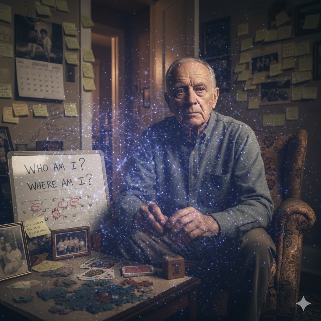 An elderly man faces memory loss, symbolized by fading neural connections.