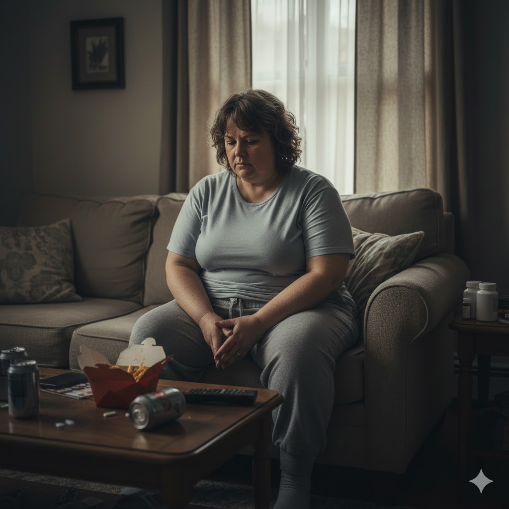 A woman sits alone, surrounded by takeout containers and soda