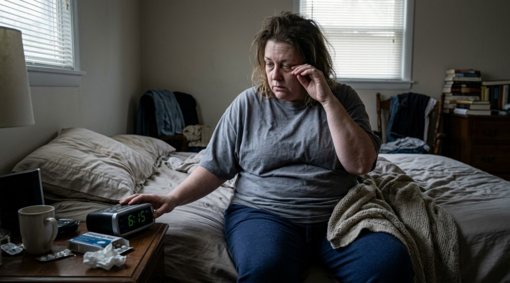 A tired woman sitting on the bed, longing for relaxing rain sounds.