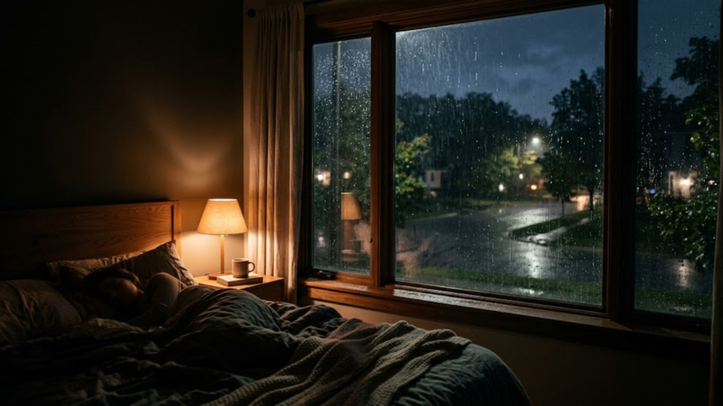 Cozy bedroom window view with the sound of rain for sleeping.
