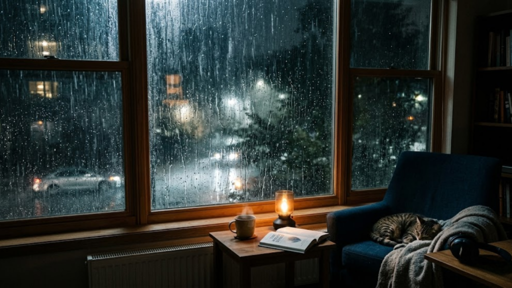 Cozy room with cat and book under sound of rain for sleeping.