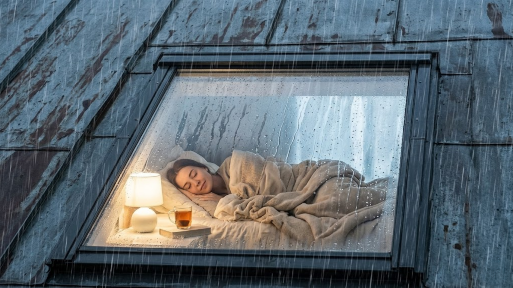 Cozy attic bedroom under the sound of rain for sleeping