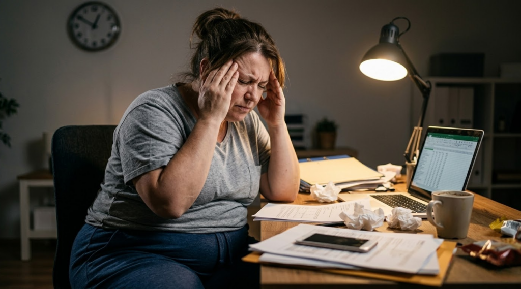 Stressed woman working late at her desk.