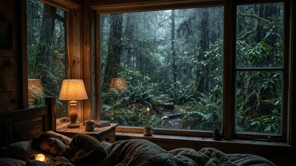 Forest cabin window view with the sound of rain for sleeping.
