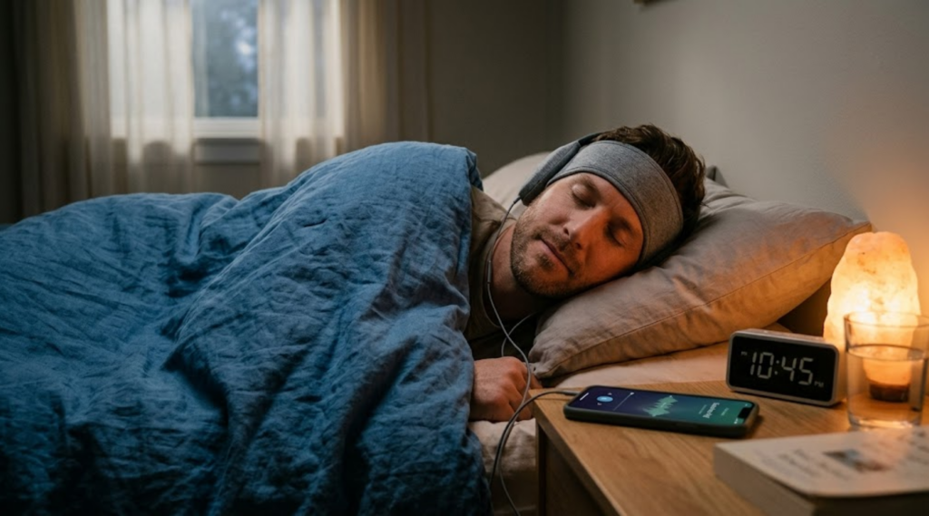 Man sleeping soundly to the calming rain sounds.