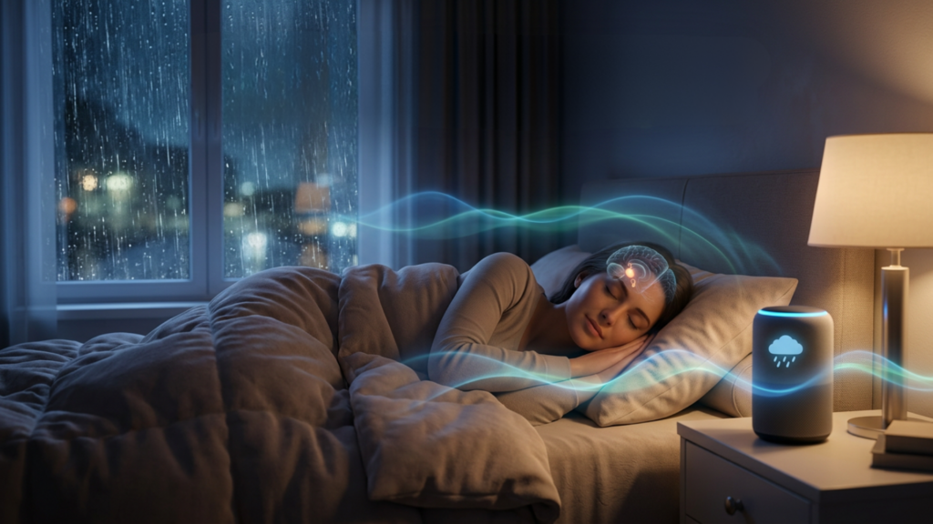 A person sleeping peacefully with a rain sound machine beside them, promoting restful sleep.