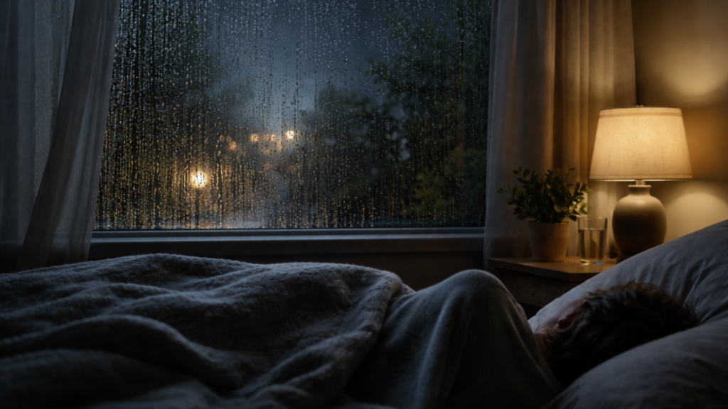 Cozy bedroom at night with rain sounds for sleeping ambiance