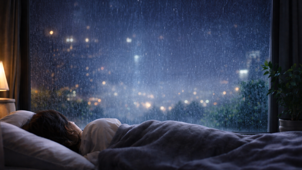 A peaceful bedroom with rain sounds for sleeping, showcasing a rainy night and city lights.
