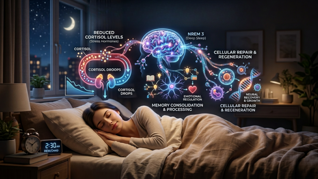 A person in deep sleep with visual representations of cortisol reduction, memory processing, and cellular repair, enhanced by rain sounds.