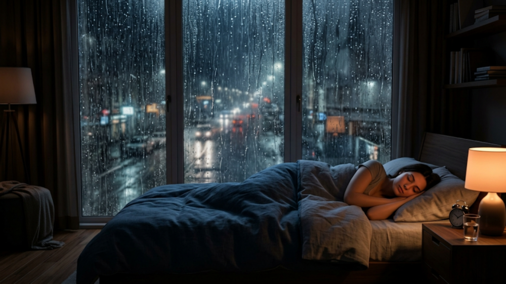 Woman sleeping by rainy window with rain sounds for sleeping ambiance