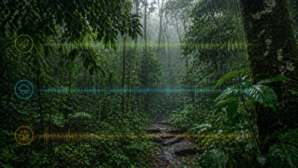 Dawn chorus in Brazilian rainforest with light rain, dense foliage, and forest path at sunrise