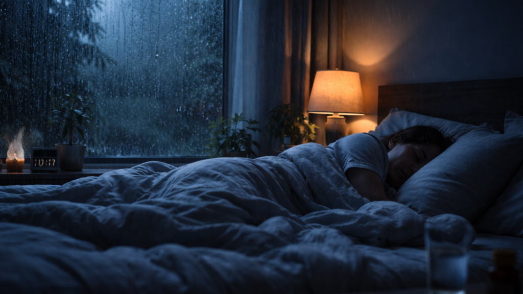 A cozy bedroom with rain sounds for sleeping, featuring a person resting peacefully amidst a rainy night.