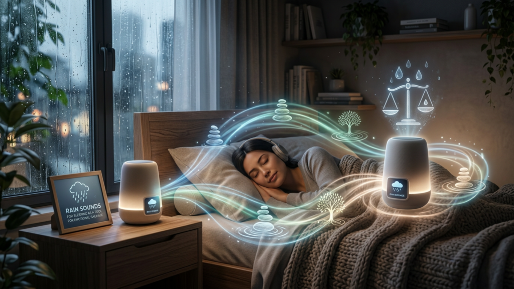 A person sleeping peacefully with rain sounds enhancing emotional balance and relaxation.