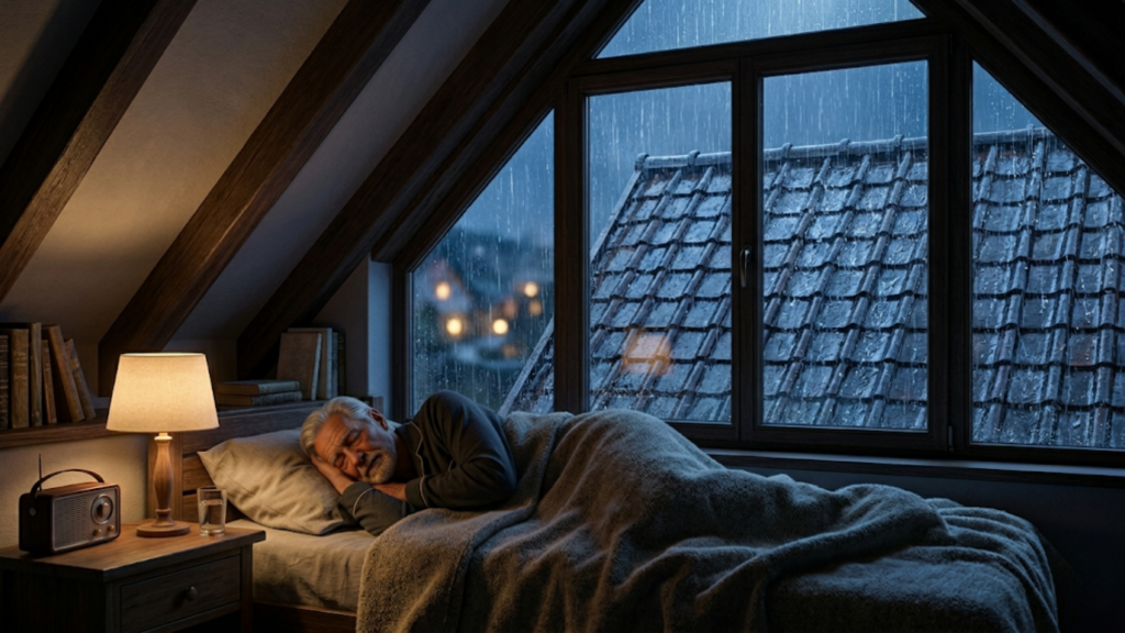 Man sleeping in attic room with rain sounds for sleeping ambiance