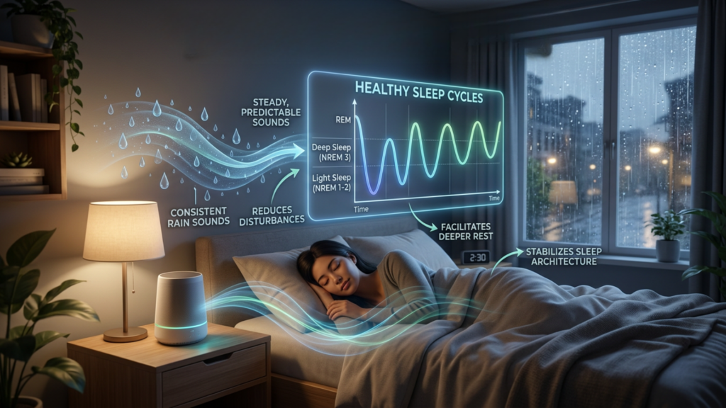 A person sleeping soundly with the rain sounds promoting stable and deep sleep cycles.