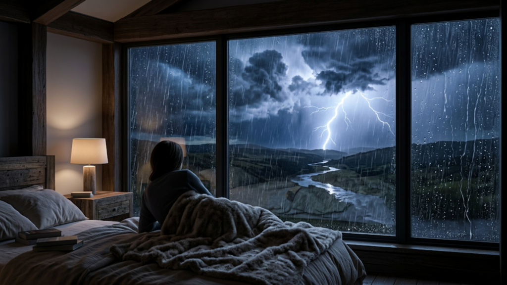 Person watching storm with rain sounds for sleeping from bedroom window
