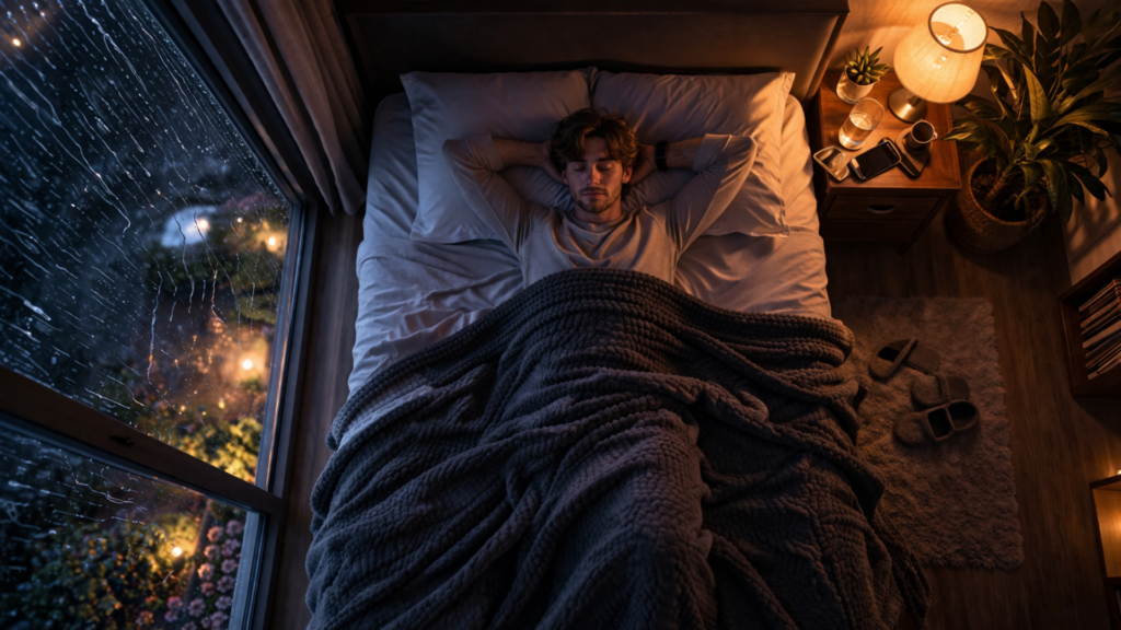 A peaceful bedroom with rain sounds for sleeping, featuring a person resting comfortably by the window.