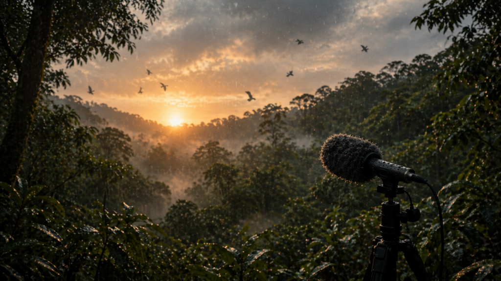 Dawn chorus in a Brazilian rainforest at sunrise with light rain, birds flying, and a recording microphone setup