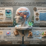 Infographic on the benefits of sounds of rain for sleeping and improving sleep quality.