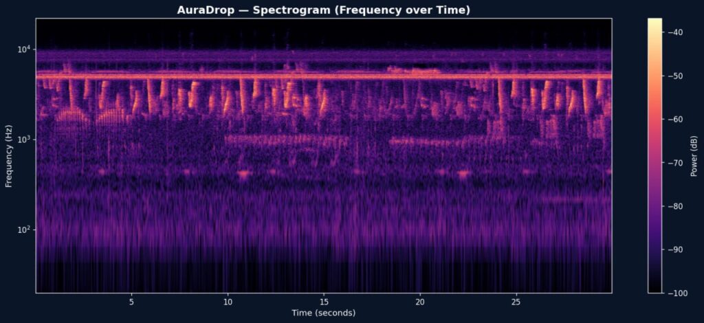 Spectrogram showcasing frequency and power dynamics from a detailed dawn chorus recording.